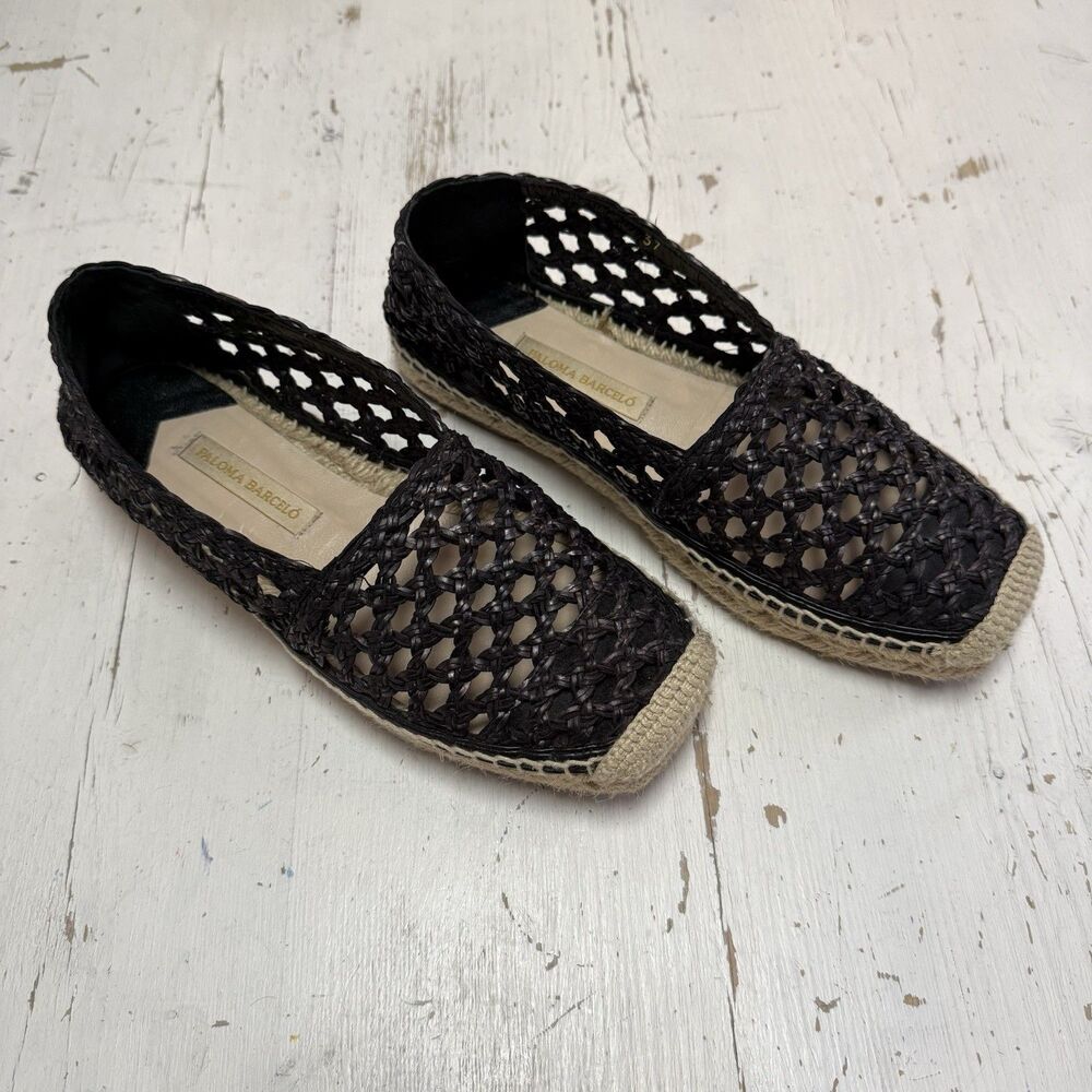 Paloma Barcelo shoes Espadrille Flats Square Toe Black Leather Woven US 7 EU 37